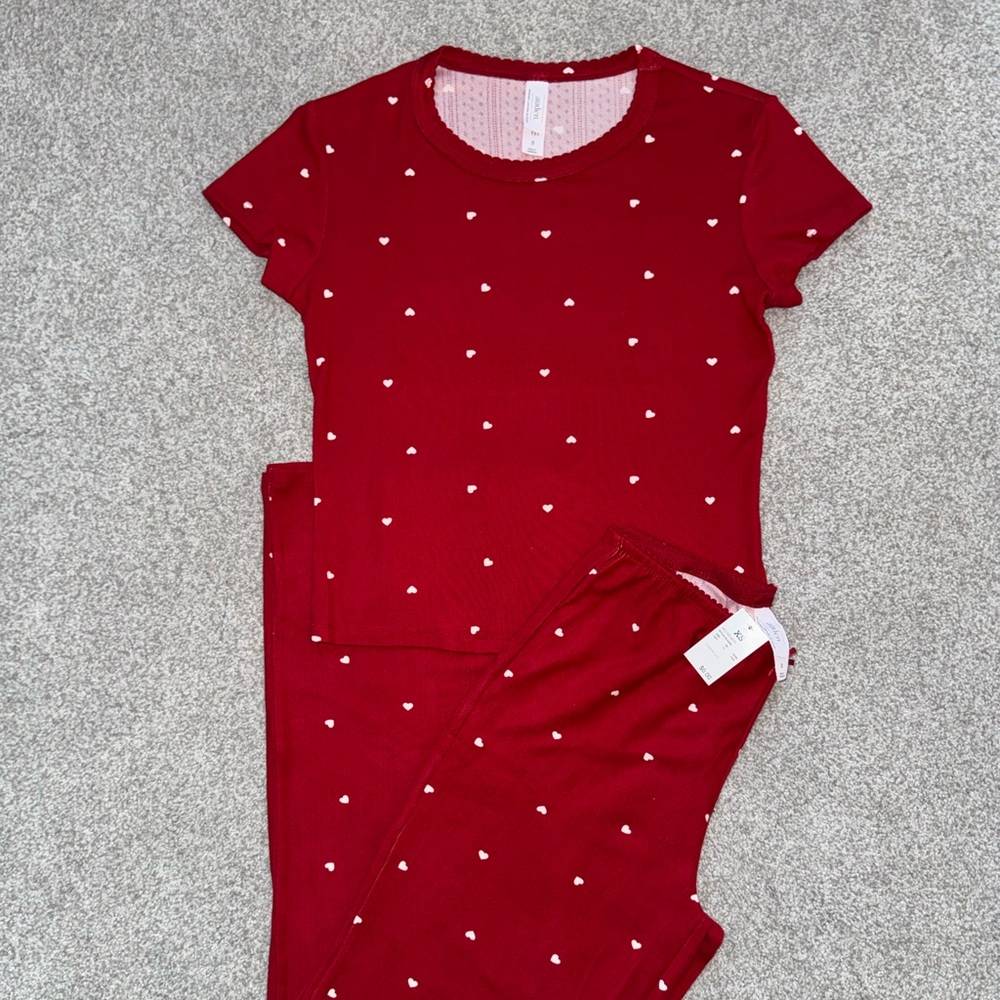 Auden Women's Pointelle Short Sleeve Shirt & Pants Pajama Set Red Heart XS